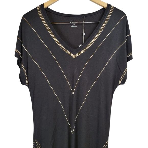 SPaNNER Black Gold Studded V Neck Short Sleeve Rayon Tunic Top M New With Tags - Picture 4 of 12
